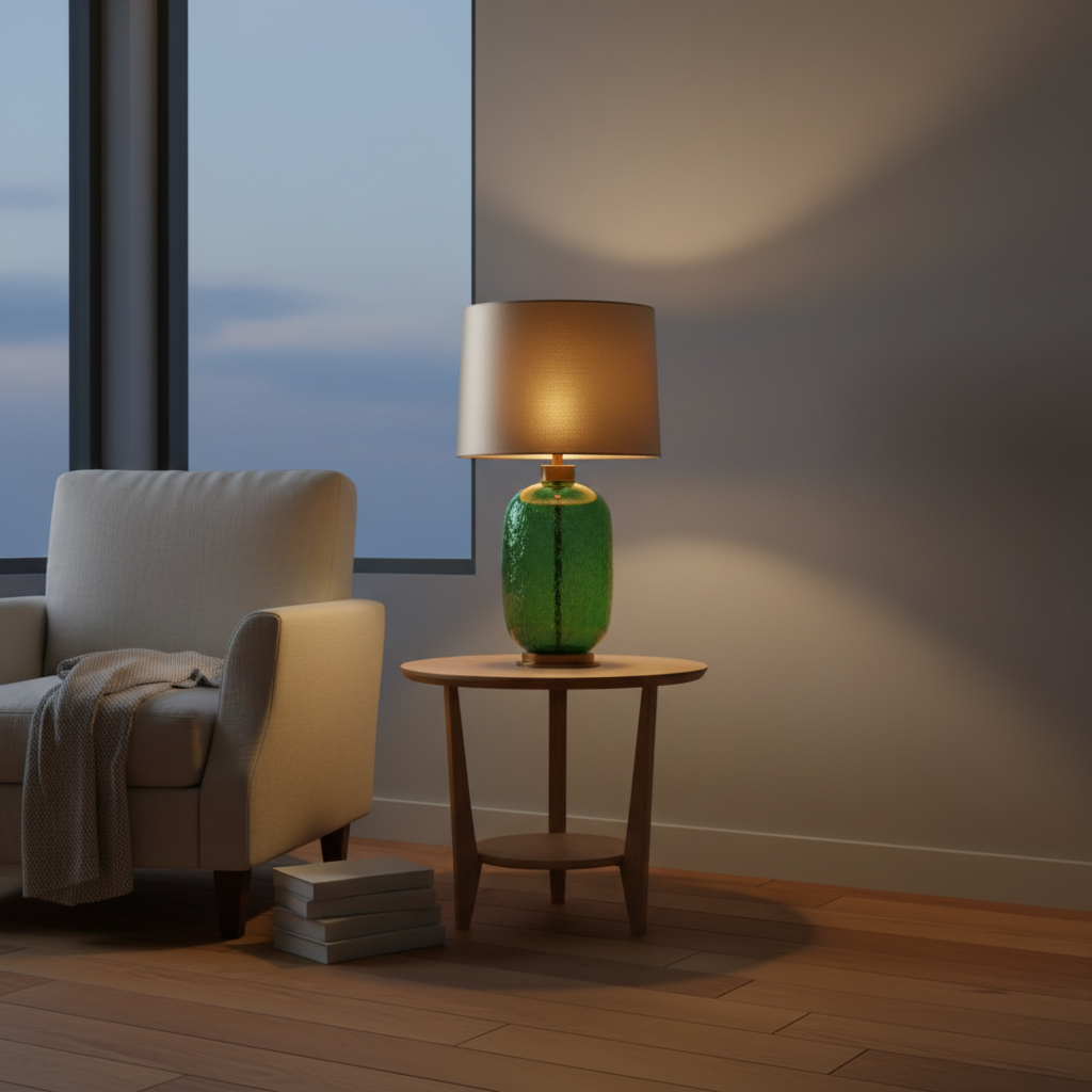 Anfora - Glass Vase Table Lamp, grass green in a workspace