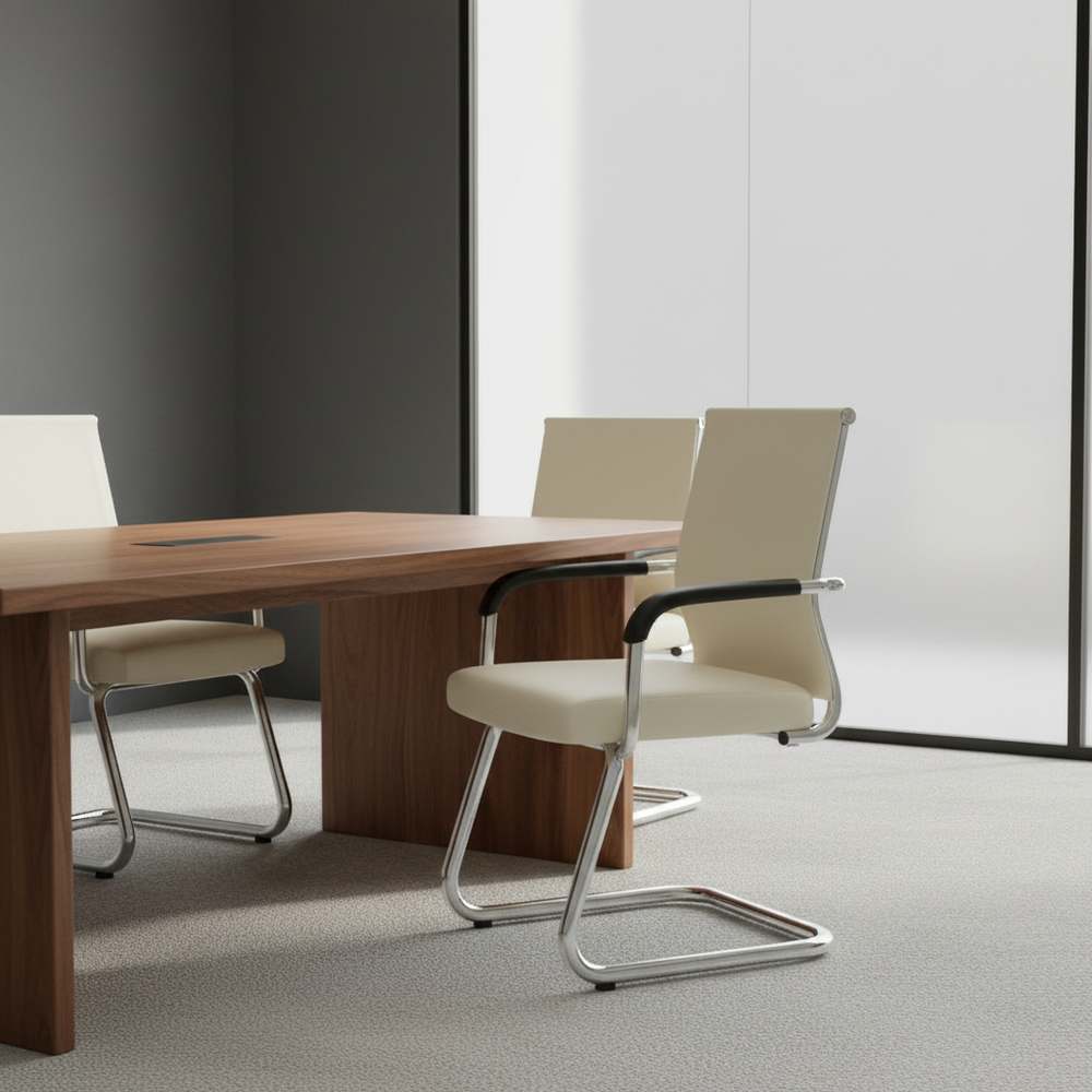 Arco in Faux Leather Off-White, in a workspace