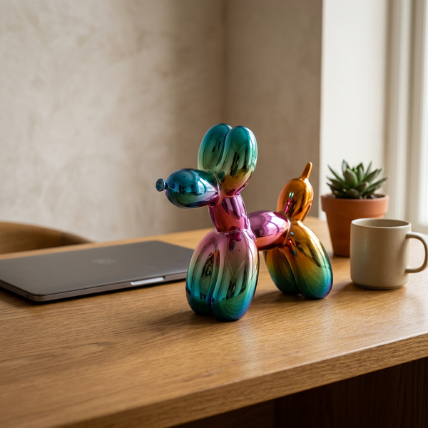 Ceramic Balloon Dog Sculpture, multicolored in a workspace