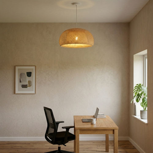 Japanese Bamboo Woven Pendant Light, beige in a workspace