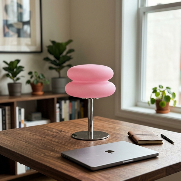 Nordic Bauhaus Table Lamp, pink in a workspace