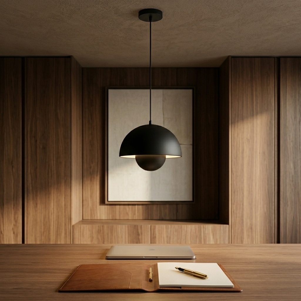 Sculptural Bud Pendant, black in a workspace