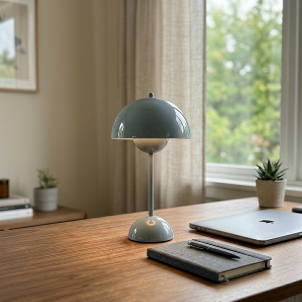 Modernist Bud Lamp, gray in a workspace