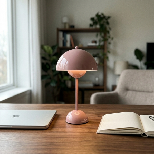 Modernist Bud Lamp, pink in a workspace