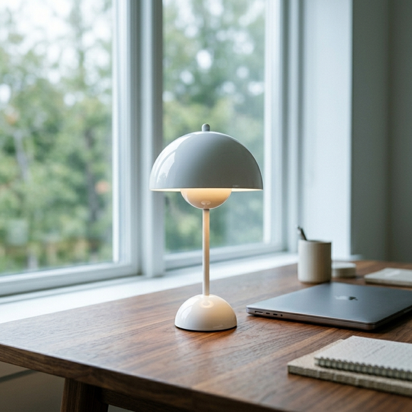 Modernist Bud Lamp, white in a workspace