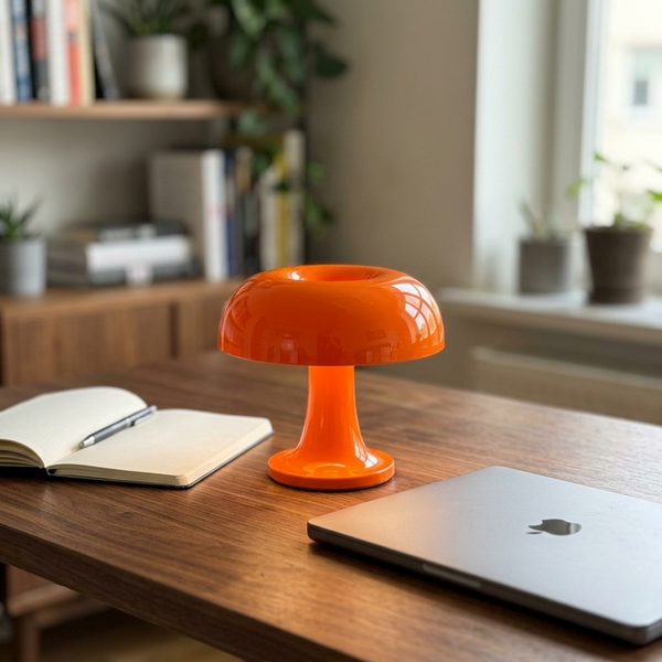 Modern Mushroom Table Lamp, orange in a workspace