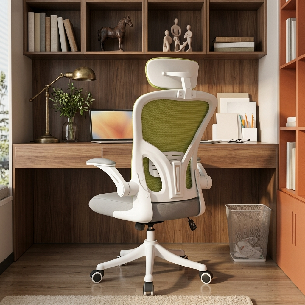 Ergonomic Mesh Office Chair with Adjustable Headrest, green in a workspace
