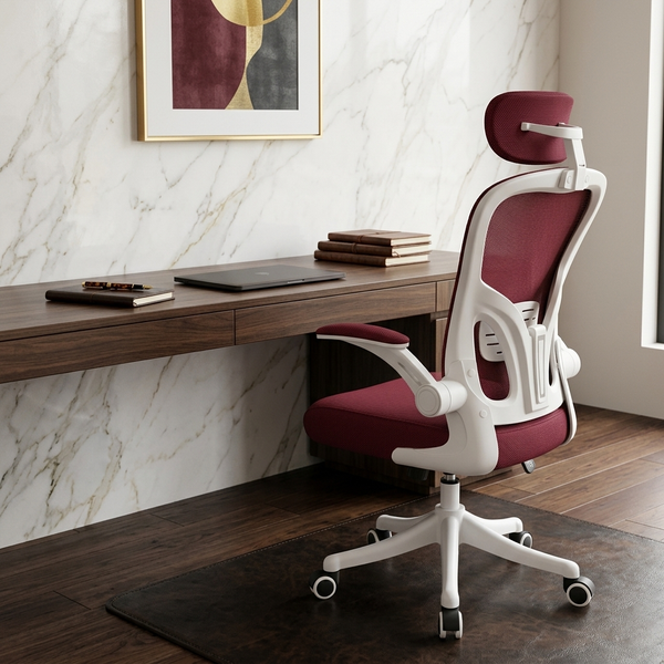 Ergonomic Mesh Office Chair with Adjustable Headrest, red in a workspace