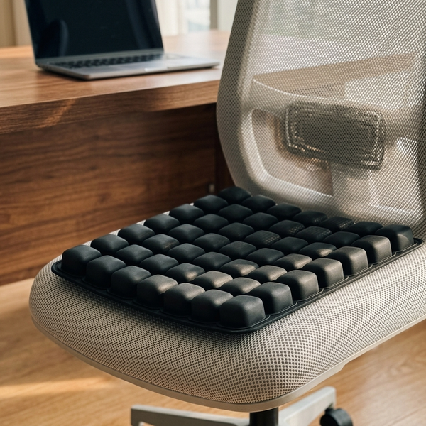 Air-Cell Seat Cushion for Pressure Relief, black in a workspace