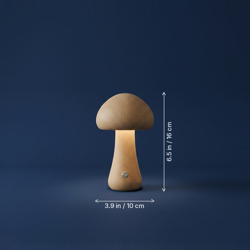 Chanterelle - Wooden Mushroom LED Desk Lamp - Minimalist Ambient Accent Light dimension drawing