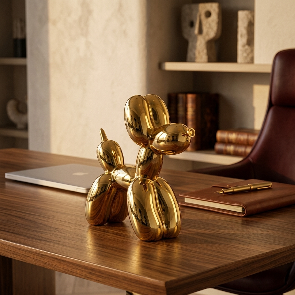 Chrome Balloon Dog Sculpture, gold in a workspace