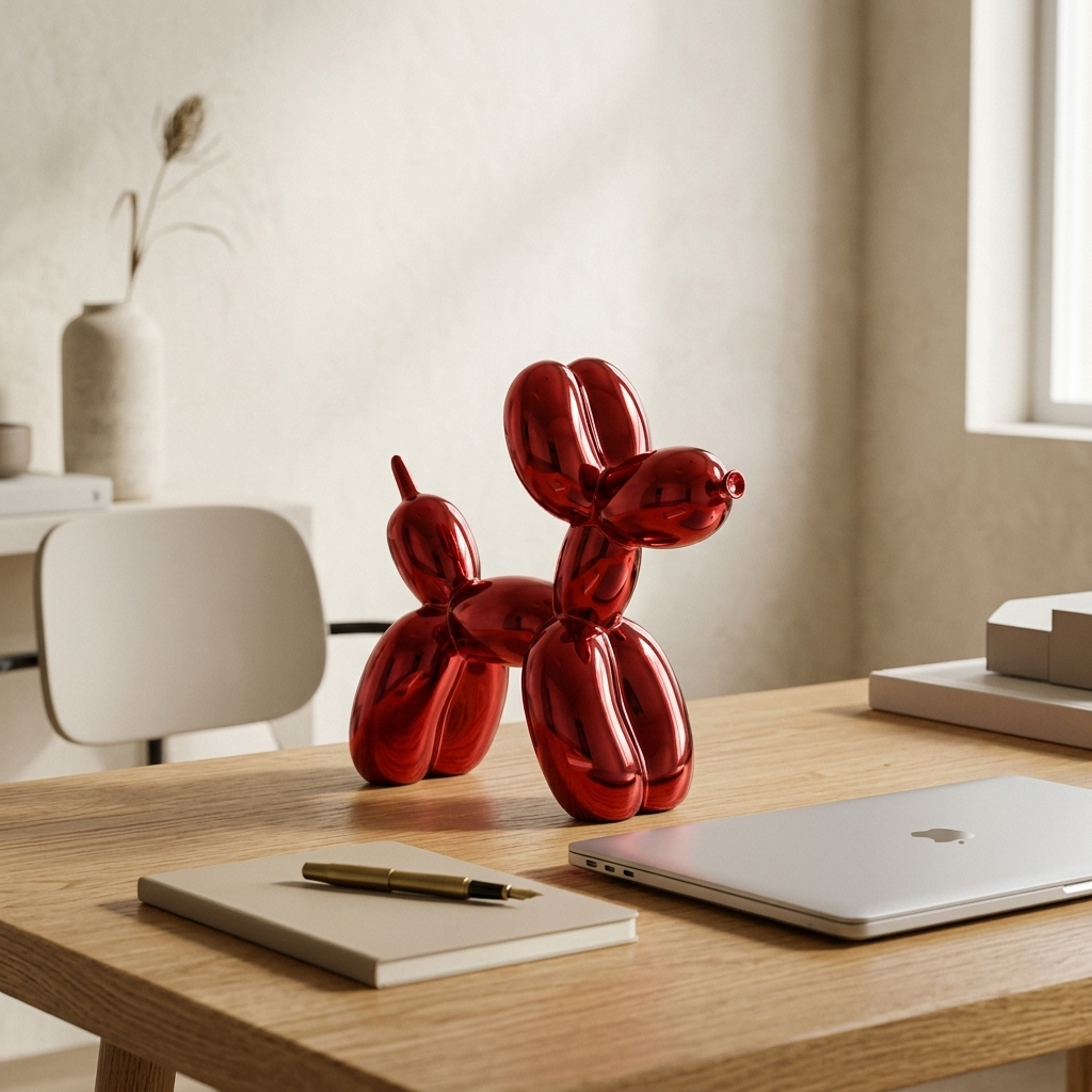 Chrome Balloon Dog Sculpture, red in a workspace