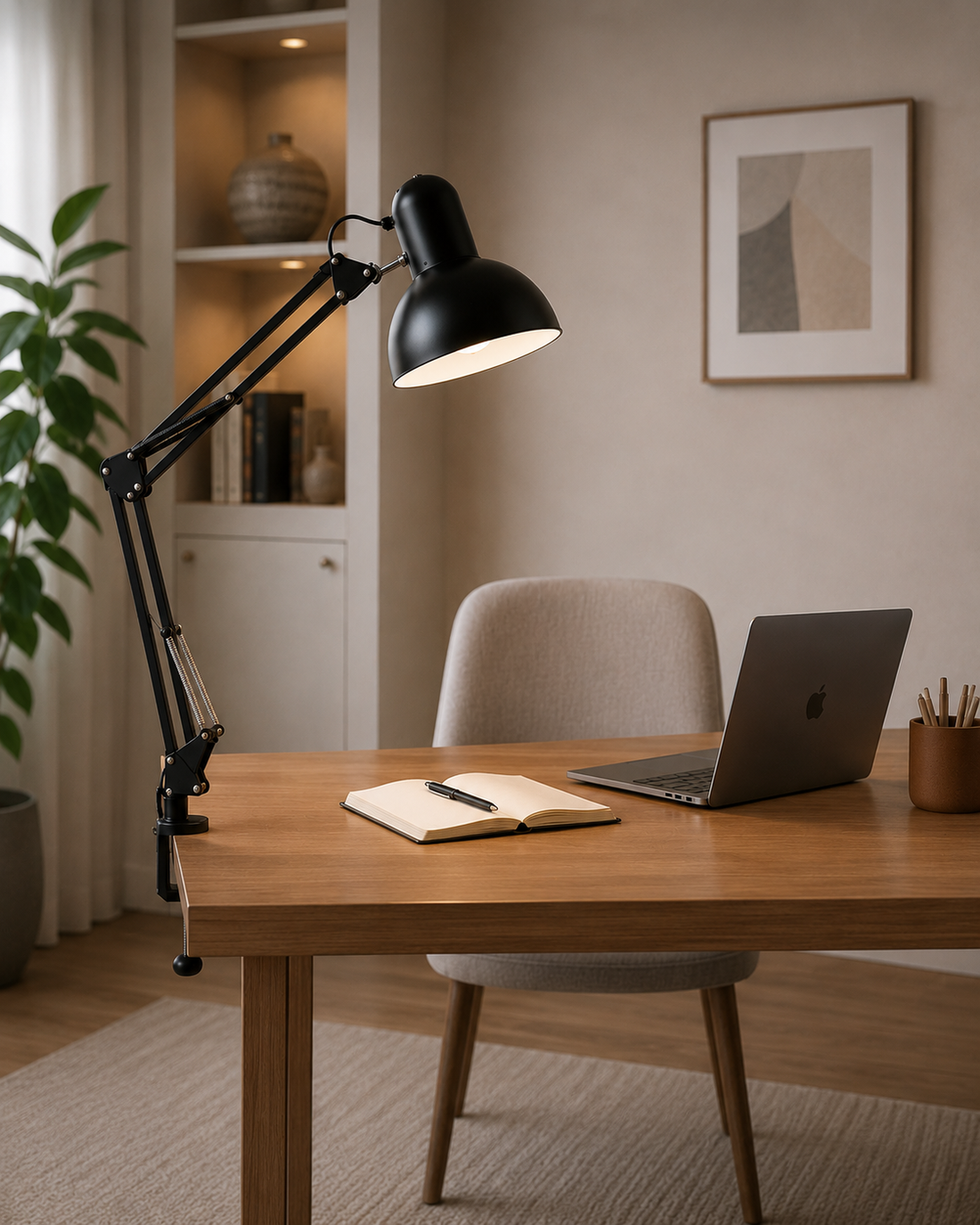 Adjustable LED Desk Lamp with Clip Base, black, in a workspace