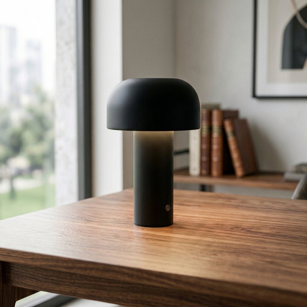 Cloche Black in a workspace, light on