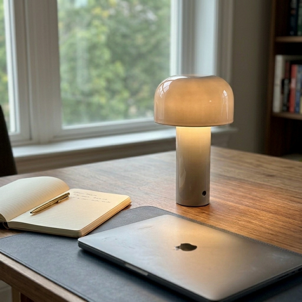 Cloche Gray in a workspace, light on