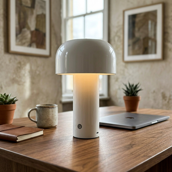 Rechargeable Mushroom Lamp, white in a workspace