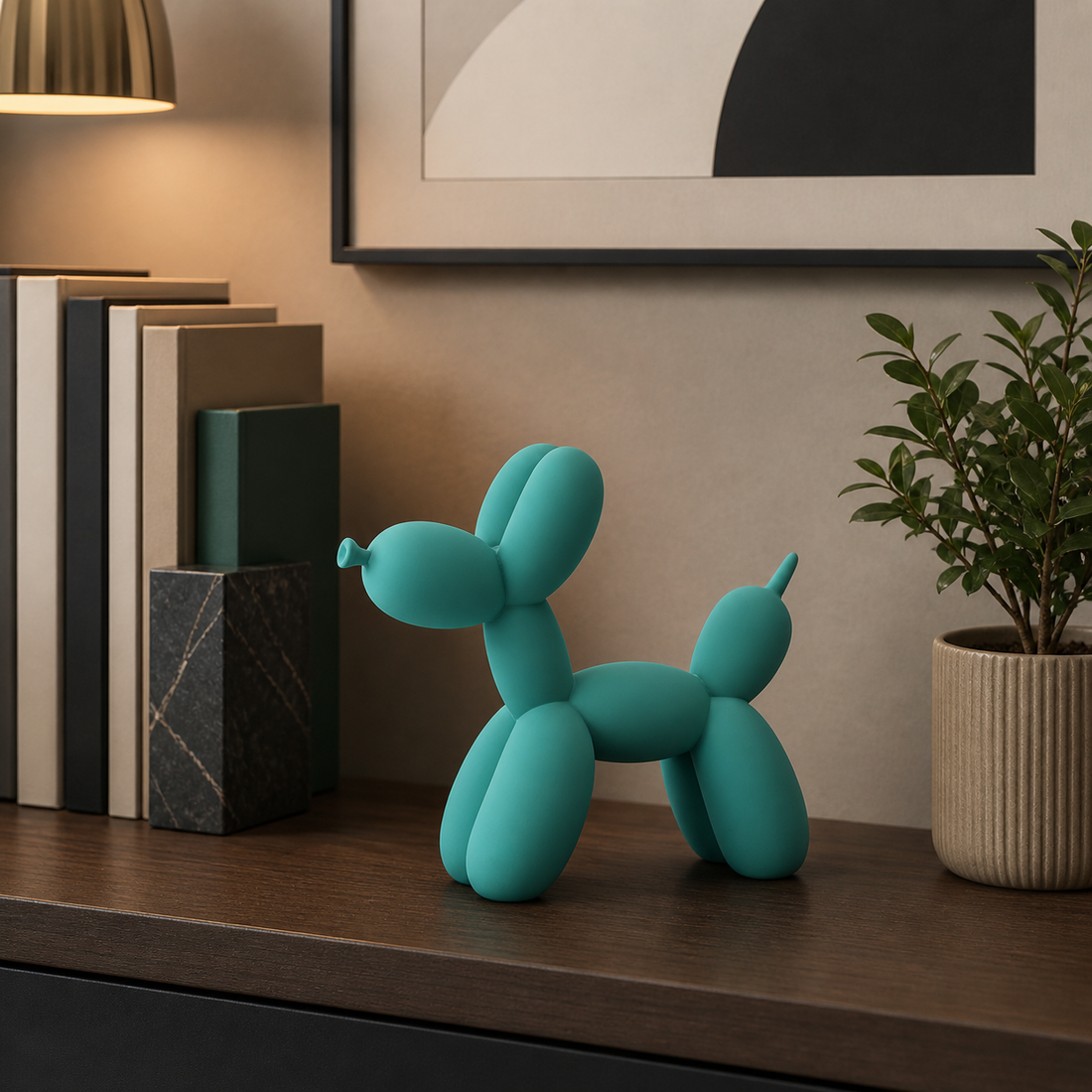 Pop-Art Balloon Dog Sculpture, dark-green in a workspace