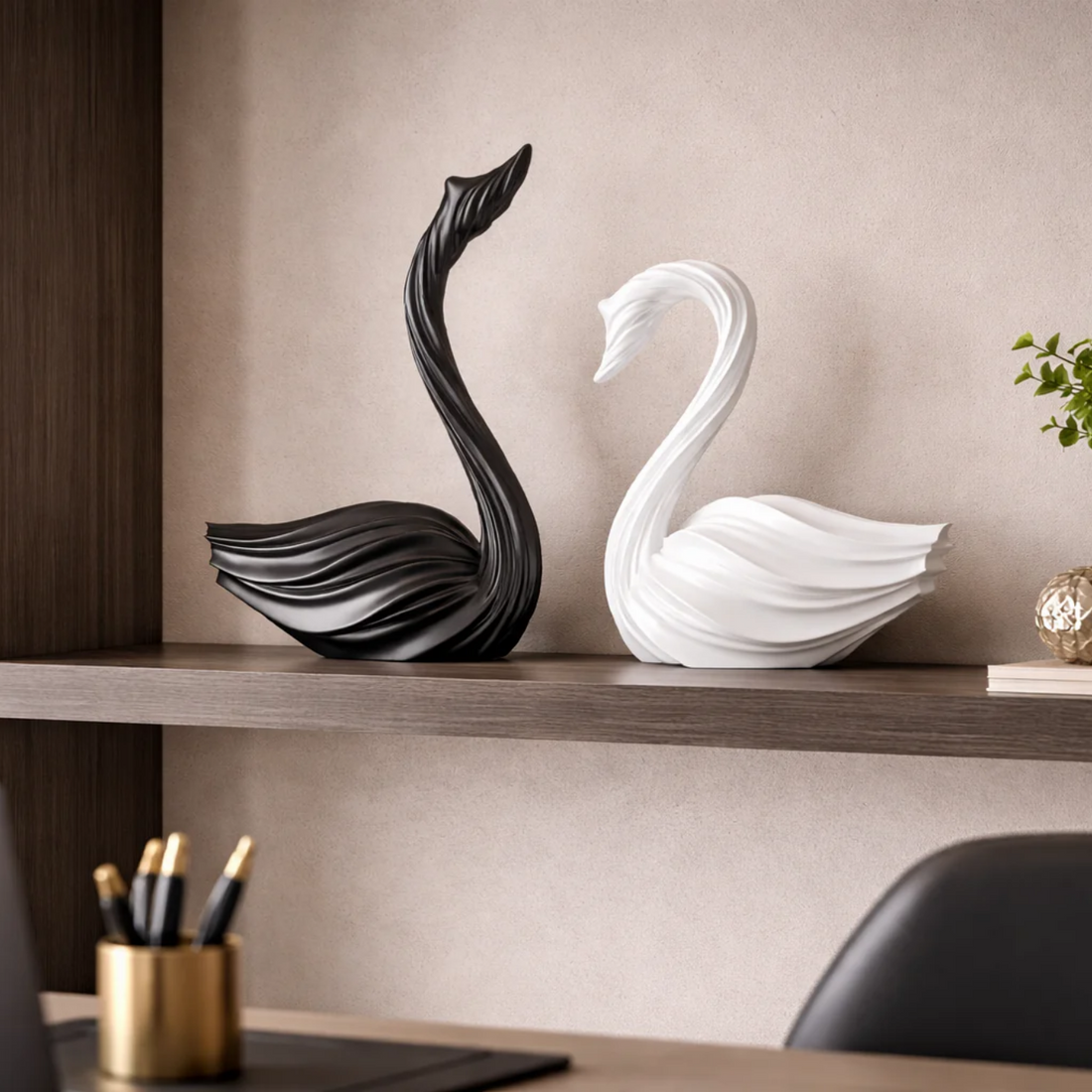 Cygnet - Abstract Art Swan Decorative Piece - Minimalist Style, black & white in a workspace