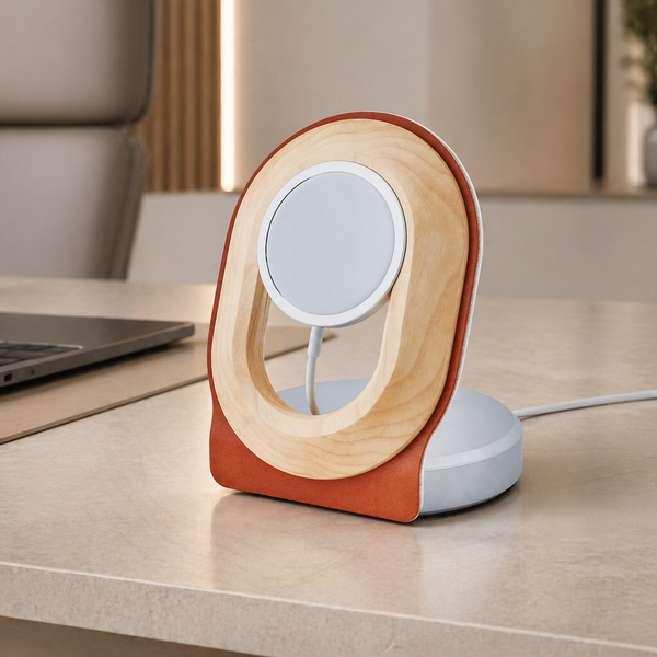 Walnut Magnetic Wireless Charger Stand, white in a workspace