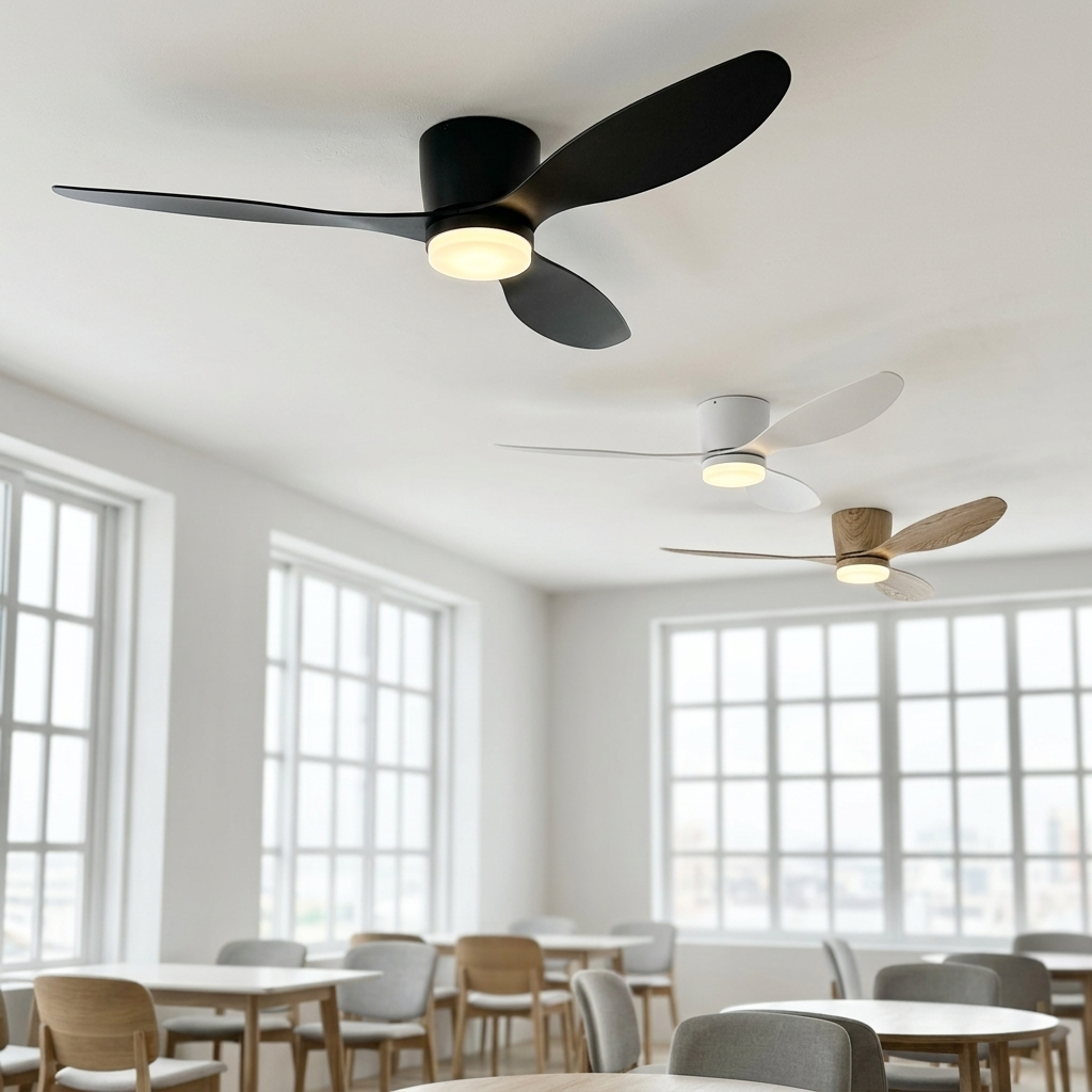 Low-Profile Flush-Mount Ceiling Fan with Remote in a styled room