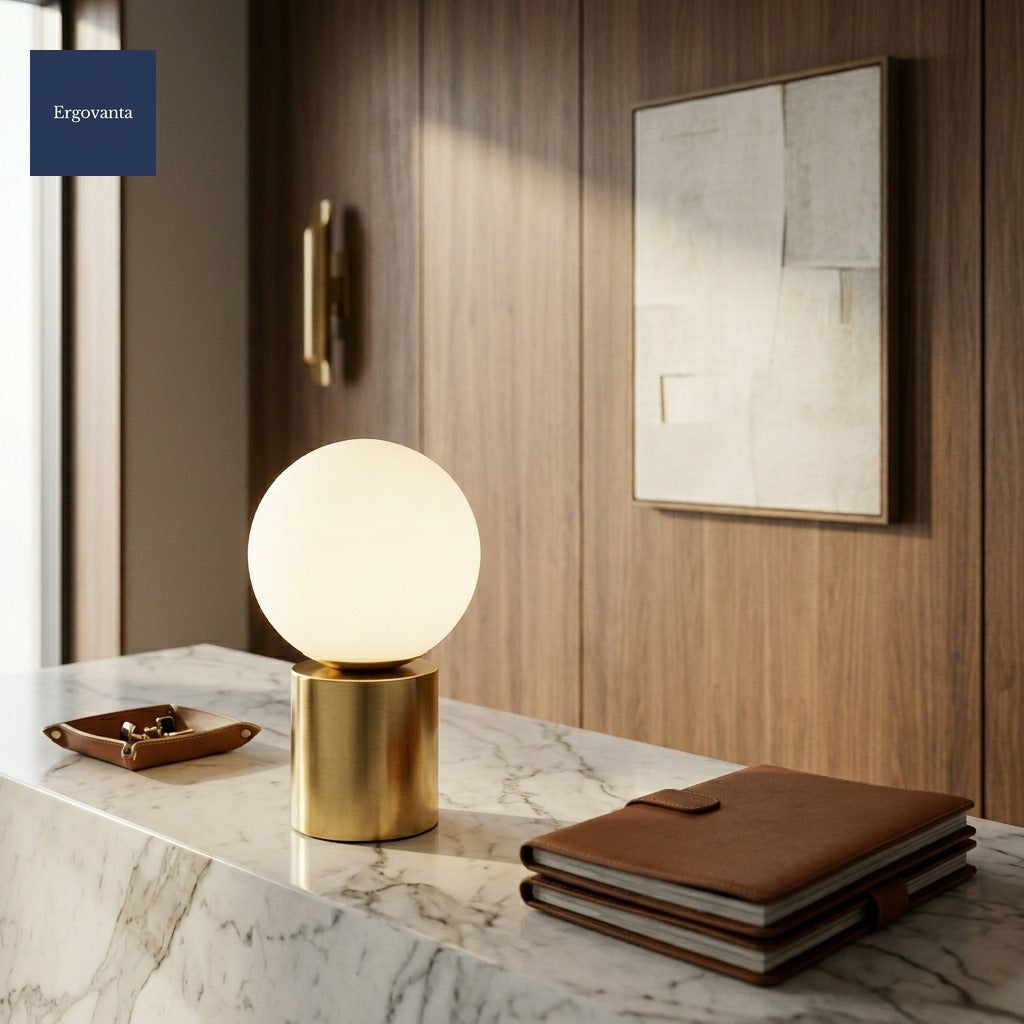 Lunar Glass Table Lamp on a marble reception desk in a corporate lobby with walnut paneling