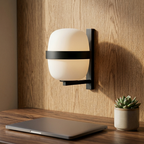 Frosted Glass Cocoon Wall Sconce in matte black, mounted in a home office above a desk