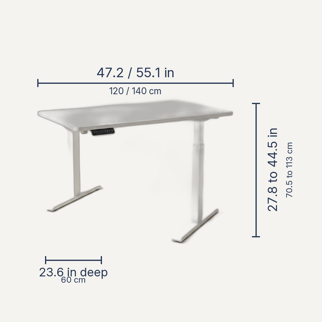 Ascent Electric Standing Desk dimensions - 47.2 / 55.1 in wide, 27.8 to 44.5 in adjustable height, 23.6 in deep