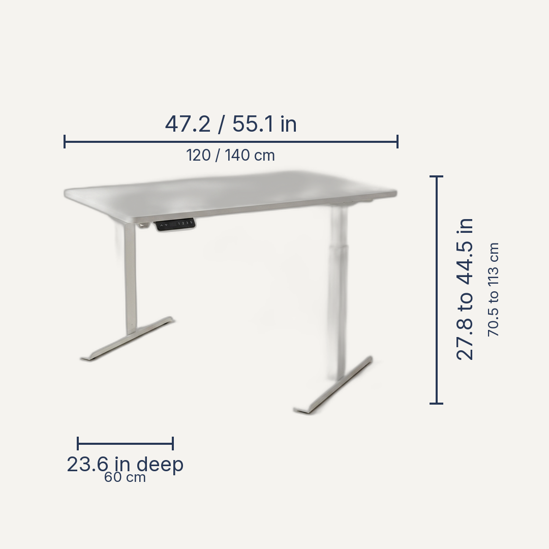Ascent Electric Standing Desk dimensions - 47.2 / 55.1 in wide, 27.8 to 44.5 in adjustable height, 23.6 in deep