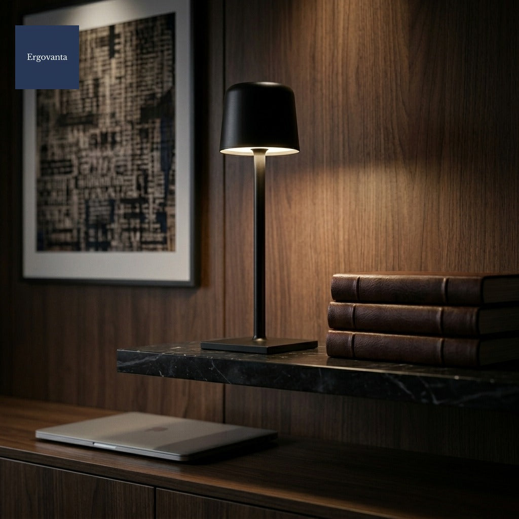 Tall Cordless Touch-Dim Lamp in Black on a dark executive office shelf