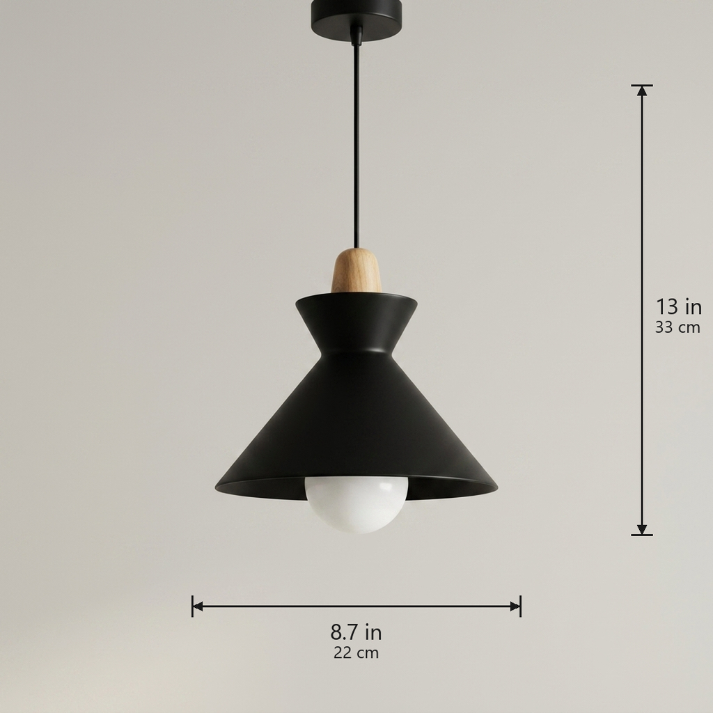 Compact Wood Pendant Light in matte Black, dimensions 8.7 by 13 inches