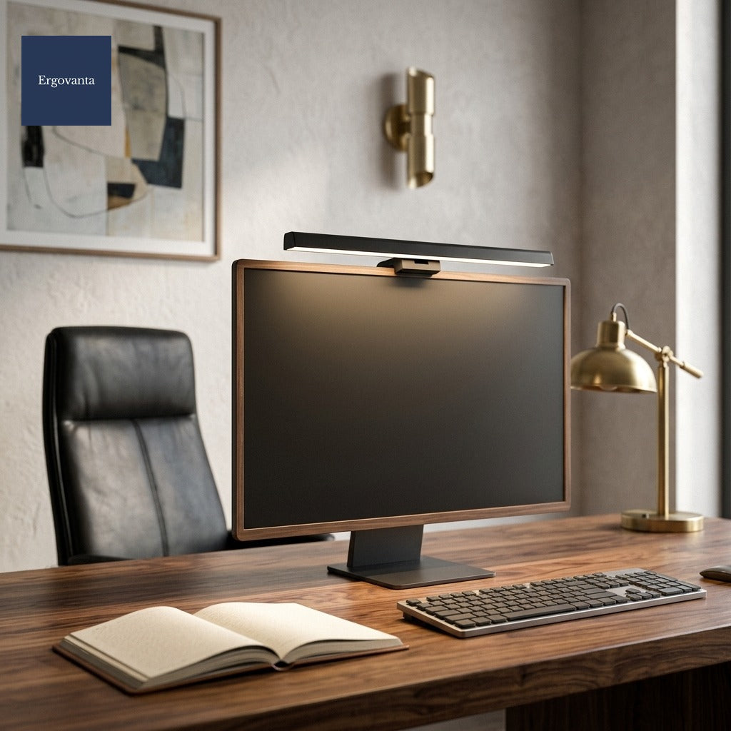 Black Slim Monitor Light Bar on a walnut-bezel monitor in an executive office