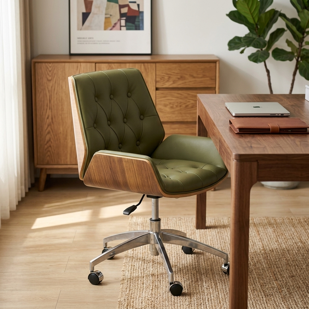 Bentwood tufted swivel office chair in a walnut home office, hero view