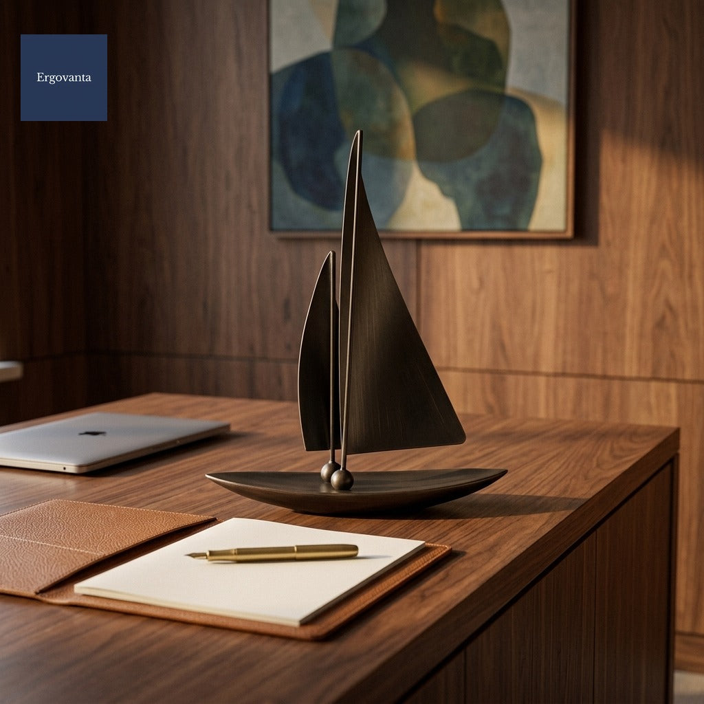 Patinated bronze sailing yacht sculpture on an executive walnut credenza, golden hour