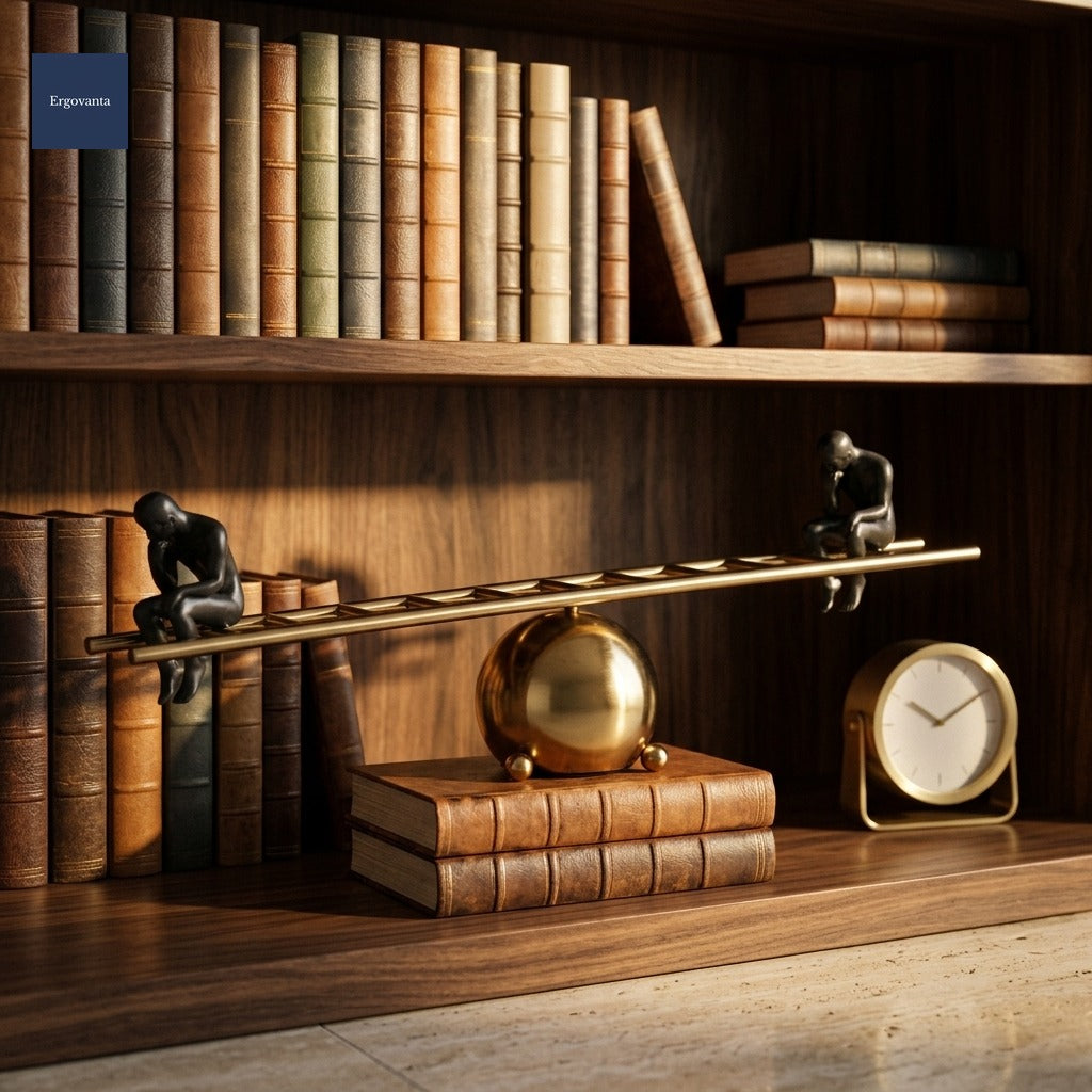 Abstract geometric alloy sculpture on executive library shelf