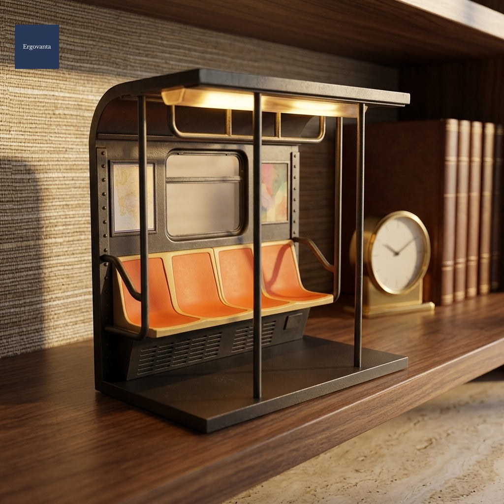 Retro subway train lamp on executive library shelf