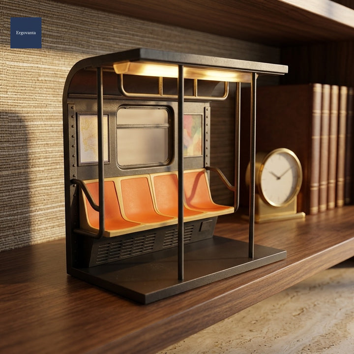 Retro subway train lamp on executive library shelf