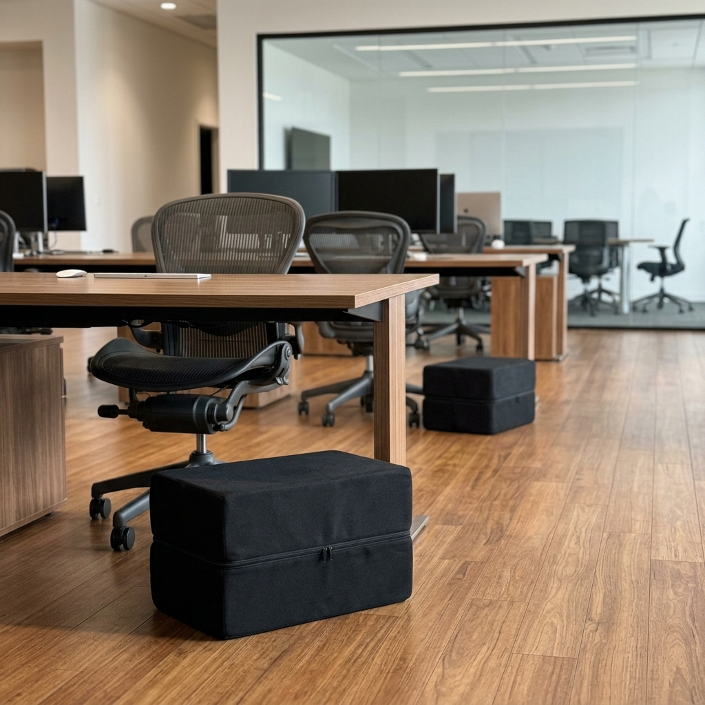 corp-footrest, several units across a corporate workspace, no text