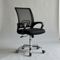 Mesh mid-back task chair, studio hero showing the mesh back, lumbar support, padded seat and chrome five-star base