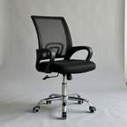 Mesh mid-back task chair, studio hero showing the mesh back, lumbar support, padded seat and chrome five-star base
