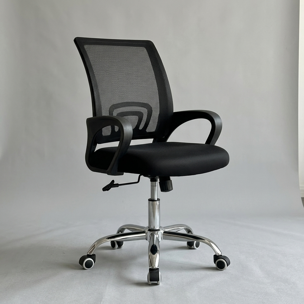 Mesh mid-back task chair, studio hero showing the mesh back, lumbar support, padded seat and chrome five-star base