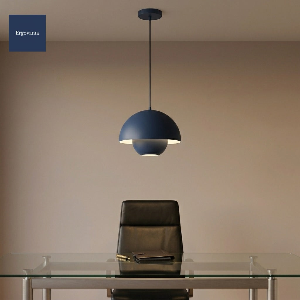 Blue Sculptural Bud Pendant in a corporate boardroom above a glass conference table