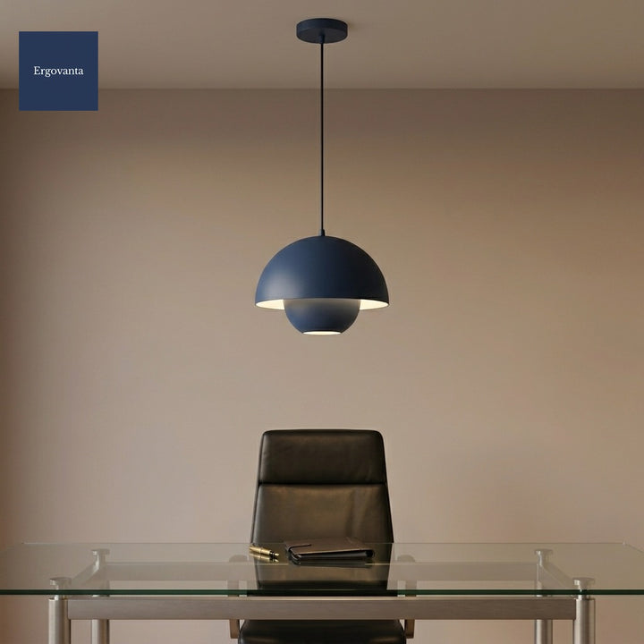 Blue Sculptural Bud Pendant in a corporate boardroom above a glass conference table