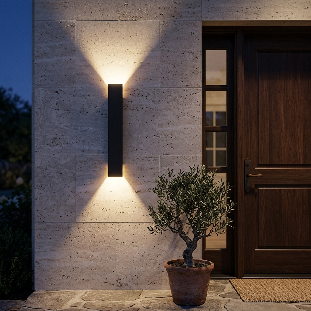 Linear Up-Down Wall Light beside an entry door