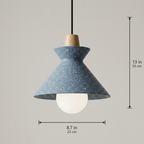 Compact Wood Pendant Light in speckled Stone Blue, dimensions 8.7 by 13 inches