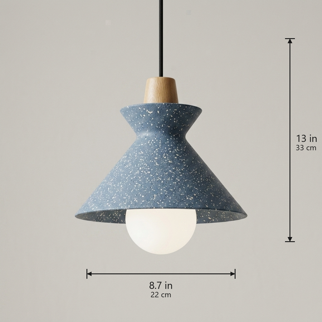 Compact Wood Pendant Light in speckled Stone Blue, dimensions 8.7 by 13 inches