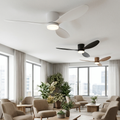 Low-profile flush-mount ceiling fan, all three finishes above a calm coworking lounge