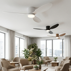 Low-profile flush-mount ceiling fan, all three finishes above a calm coworking lounge