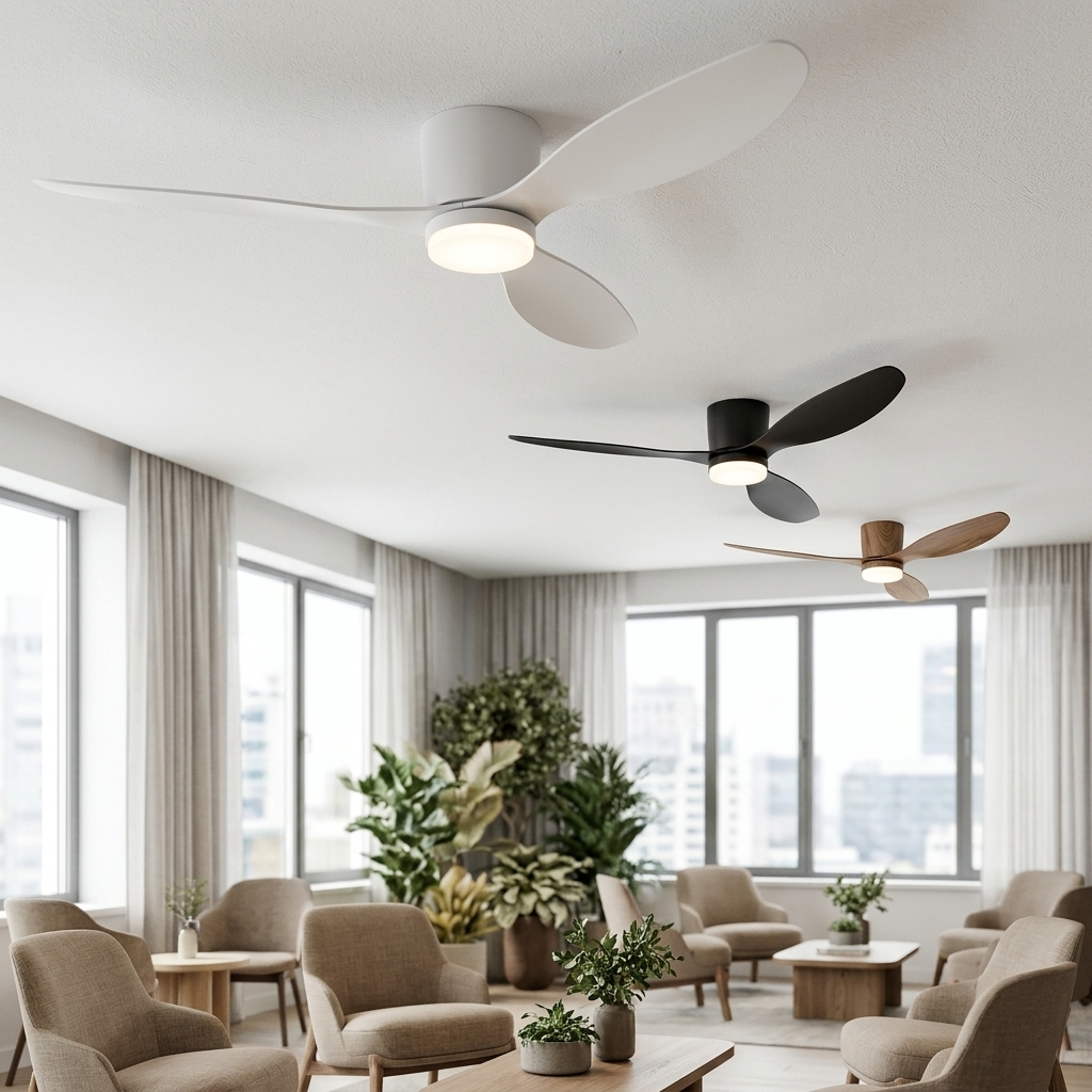 Low-profile flush-mount ceiling fan, all three finishes above a calm coworking lounge
