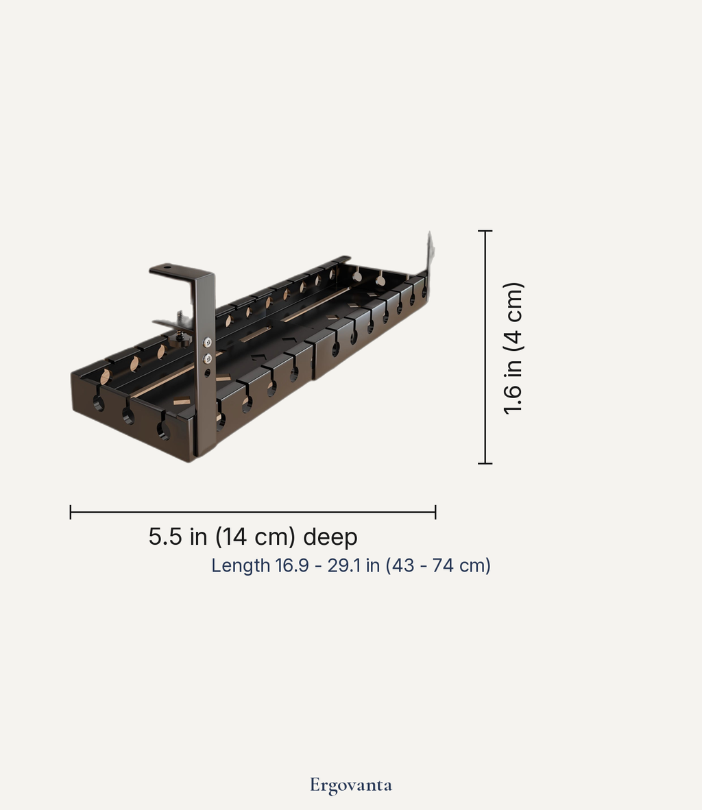 Dimension diagram of the under-desk cable tray, 5.5 x 1.6 in tray with 7.5 in bracket drop