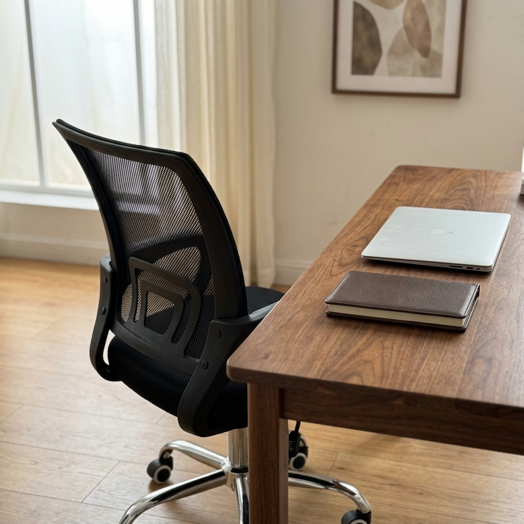 Mesh task chair at a walnut home-office desk by a window with a closed laptop and leather notebook